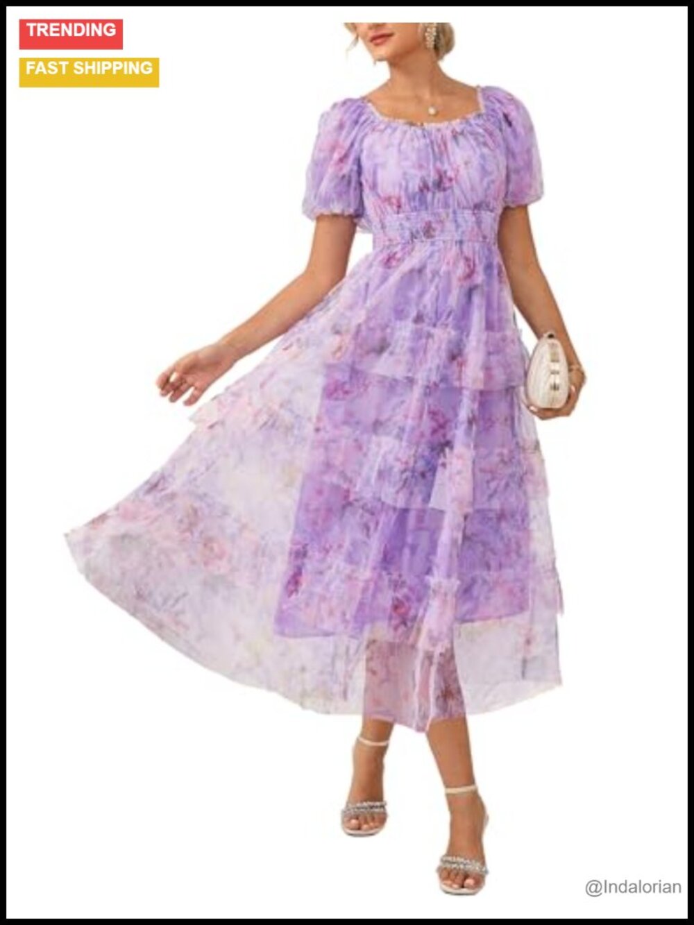 Floral Embroidery Tulle Midi Dress Square Neck Puff Sleeve Smocked A-Line